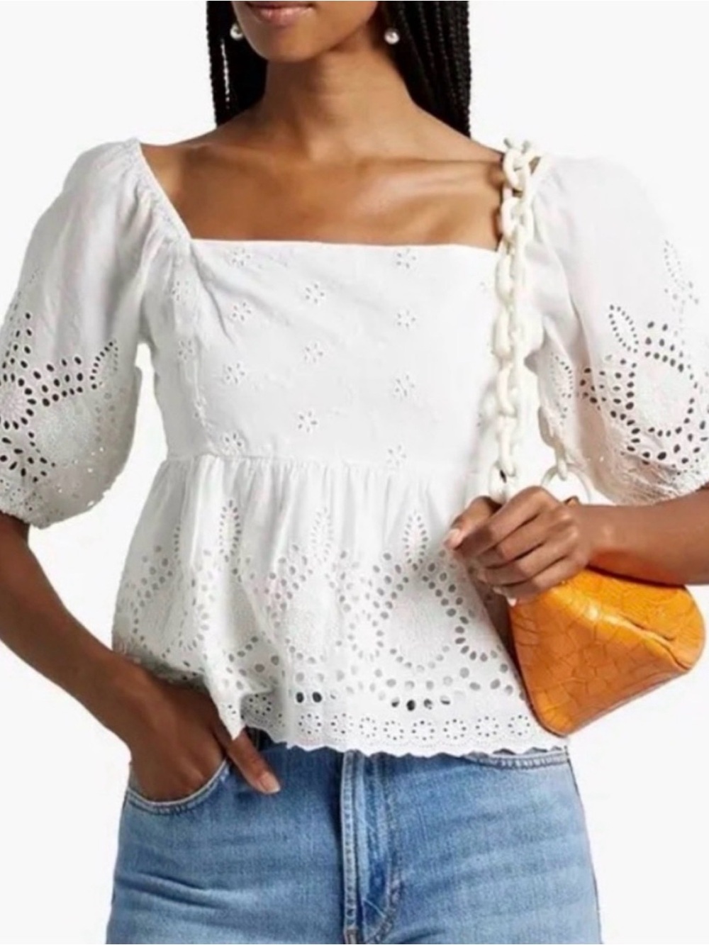 Walter Baker White Eyelet Peplum Blouse Small Puff Sleeve Cotton Top